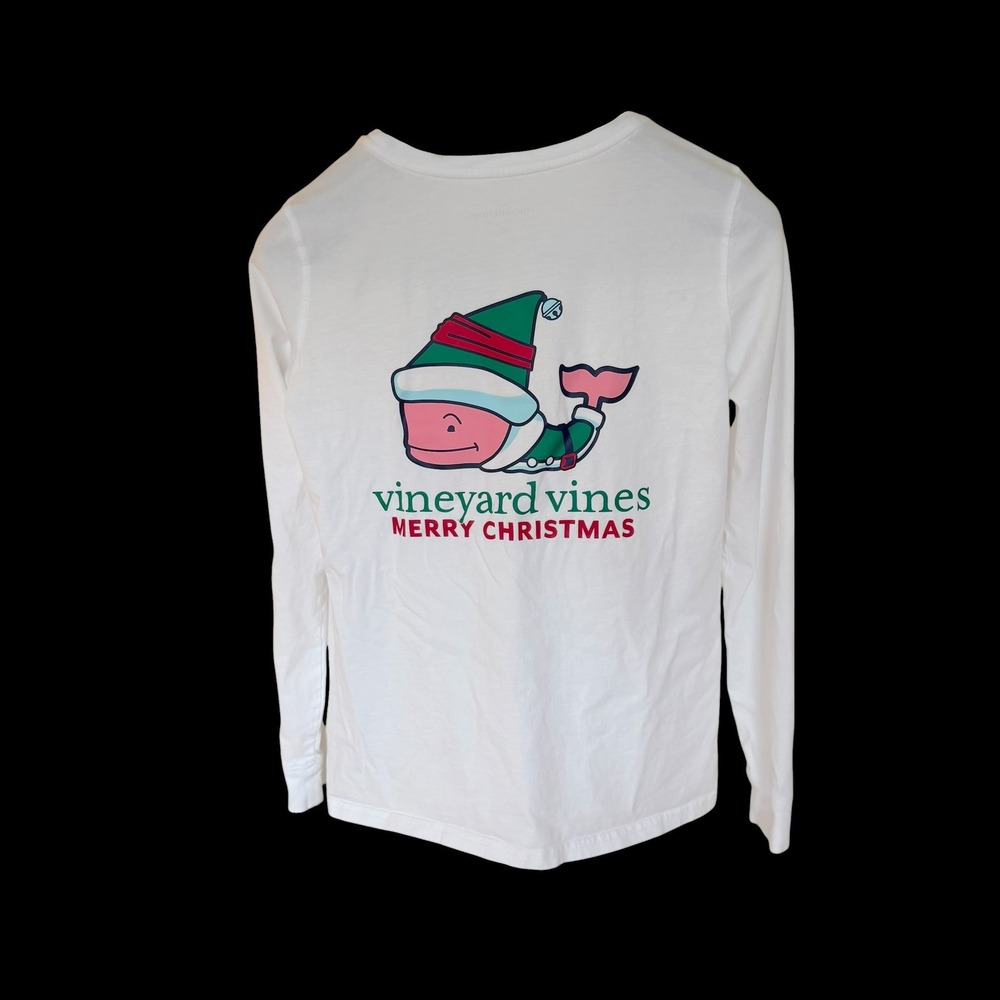 Vineyard Vines Merry Christmas Elf Whale Long Sleeve Pocket Tee White XS